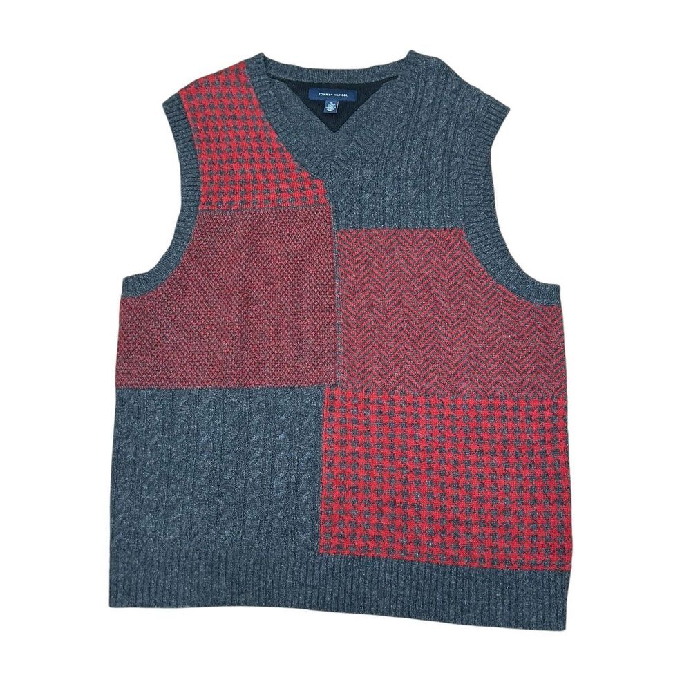 Tommy Hilfiger Red Gray Lambs‎ Wool Blend Sweater Vest Men's Size XL